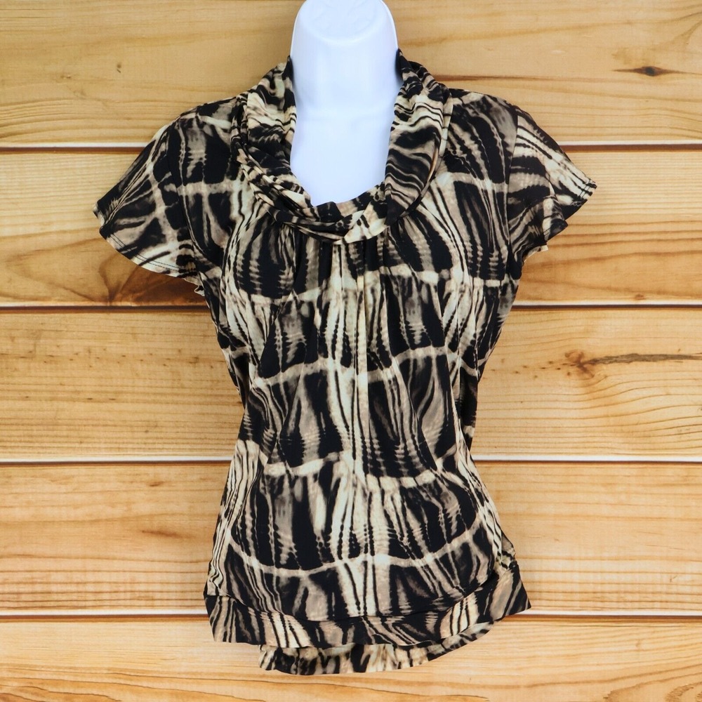Worthington Blouse Womens Size M Brown Geometric Cowl Neck Ruched Stretch Lined